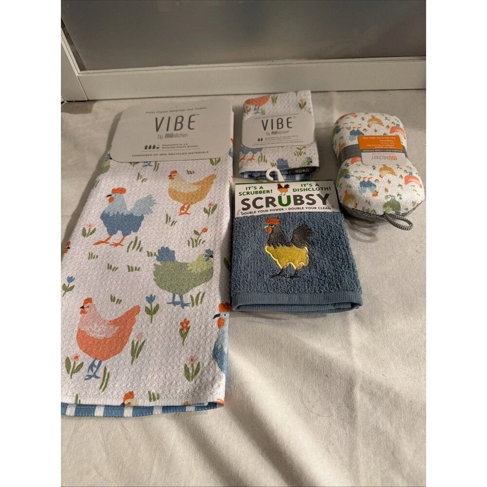 Vibe By MUkitchen 4 Pc Set Rooster Tea Towel Scrubbys Cloths Recycled Materials